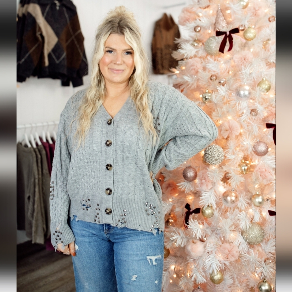 NWT HYFVE "Sterling Cardigan" Button-Up Sweater w/Studs✨️Distressing Gray🩶Large - Picture 2 of 15